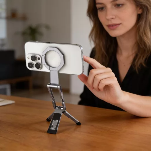 Mágneses mini alumínium tripod selfie stick összecsukható, Ezüst