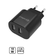 Hálózati töltő adapter 2 USB csatlakozóval 10W, Fekete