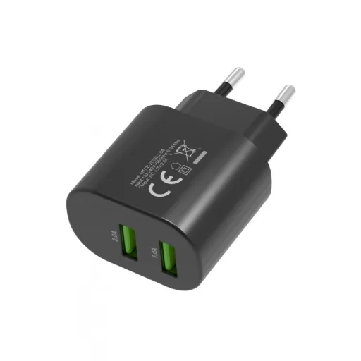 Hálózati töltő adapter 2 USB csatlakozóval 10W, Fekete