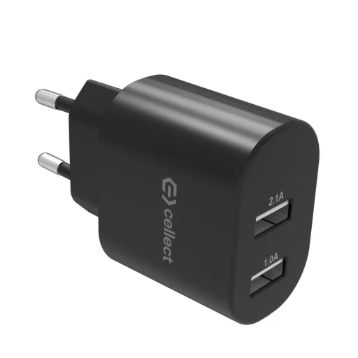 Hálózati töltő adapter 2 USB csatlakozóval 10W, Fekete