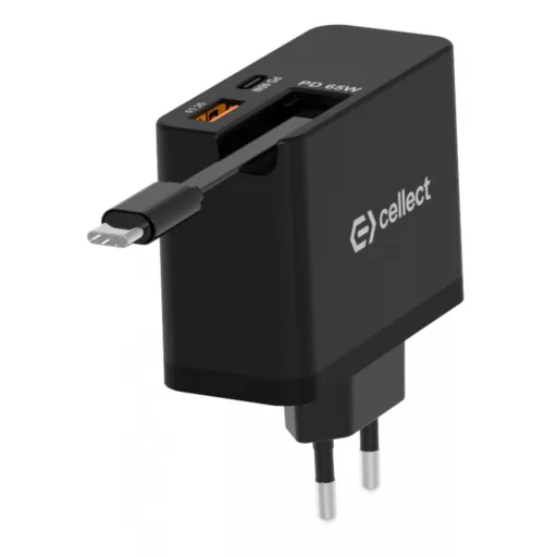 65W hálózati töltő beépített kábellel, Fekete