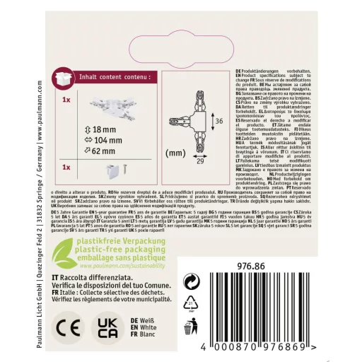 Paulmann 97686 Nagyfeszültségű sínes rendszer elemek T összekötő Fehér