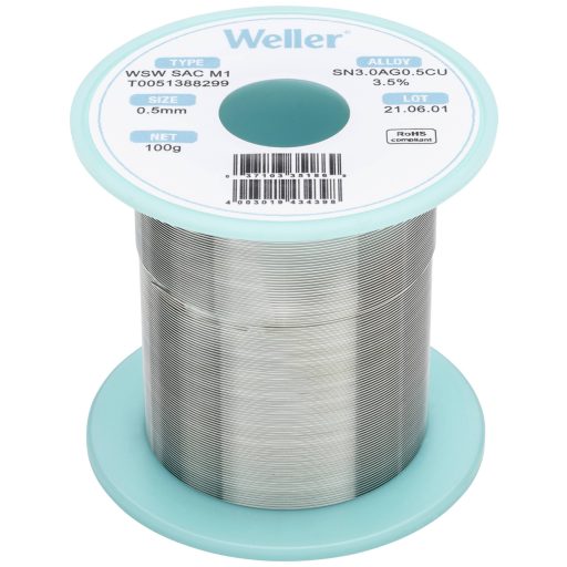 Forrasztóón, ólommentes, tekercs, Weller WSW SAC M1 Sn3.0Ag0.5Cu 100 g 0.5 mm