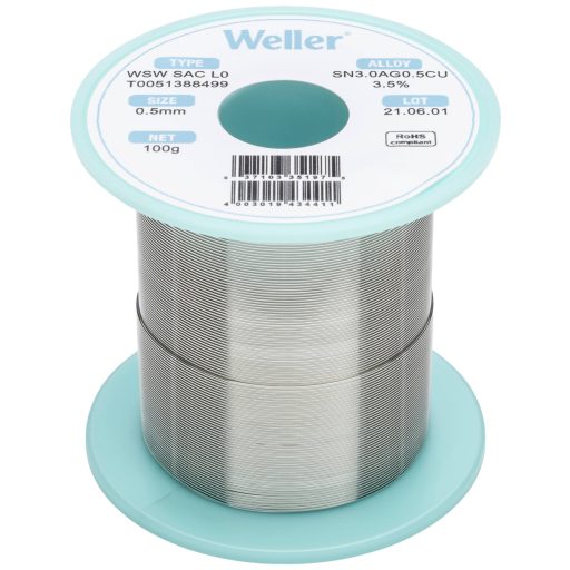 Forrasztóón, ólommentes, tekercs, Weller WSW SAC L0 Sn3.0Ag0.5Cu 100 g 0.5 mm
