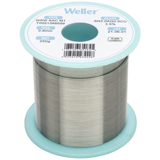 Forrasztóón, ólommentes, tekercs, Weller WSW SAC M1 Sn3.0Ag0.5Cu 250 g 0.8 mm
