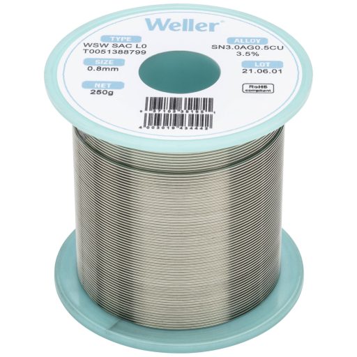 Forrasztóón, ólommentes, tekercs, Weller WSW SAC L0 Sn3.0Ag0.5Cu 250 g 0.8 mm