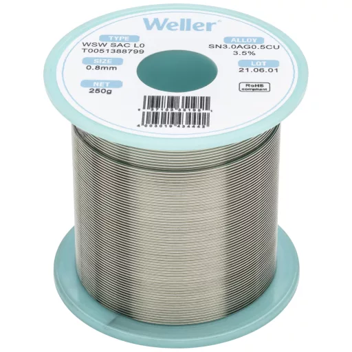 Forrasztóón, ólommentes, tekercs, Weller WSW SAC L0 Sn3.0Ag0.5Cu 250 g 0.8 mm