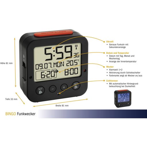 Rádiójel vezérelt ébresztőóra, fekete, TFA Bingo 60.2528.01