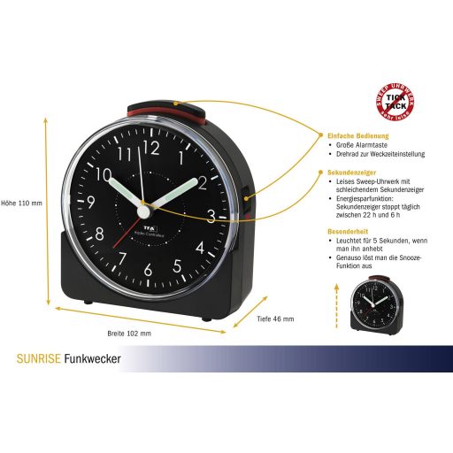 TFA Dostmann 60.1513.01 Rádiójel vezérlésű Ébresztőóra Fekete Fluoreszkáló Mutató