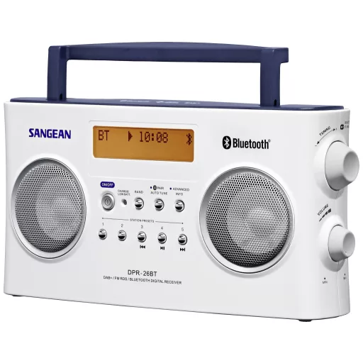 Sangean DPR-26 BT Koffer rádió DAB+, URH AUX, Bluetooth® Akkutöltő funkció Fehér