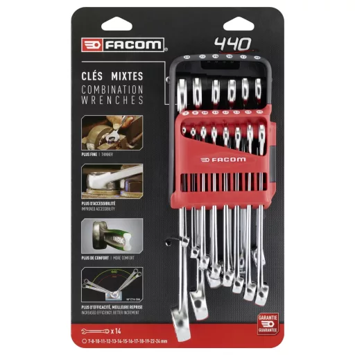 Facom 440.JP14PB 440.JP14PB Racsnis csavarkulcs készlet 14 részes Kulcsszélesség (metrikus) 7 - 24 mm