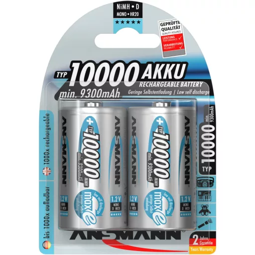 Góliát akku D NiMH, 1,2V 10000 mAh, 2 db, Ansmann maxE HR20, LR20, D, AM1, XL, MN1300, 813, E95, LR20N, 13A