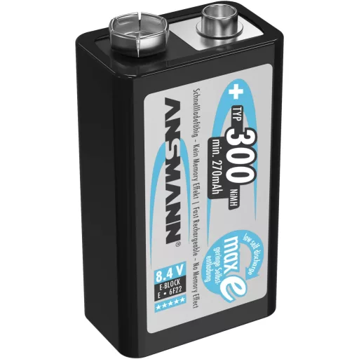 9V akku NiMH 8,4 V 300 mAh, Ansmann maxE 6LR61, HR6F22, HR9V, HR22, 6LR21, 6AM6, 6LP3146, MN1604, E Block