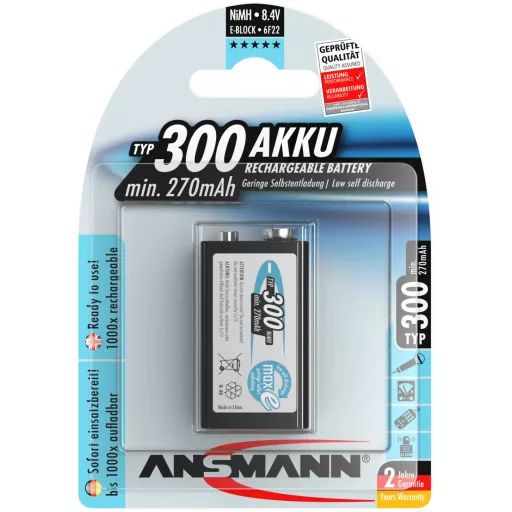 9V akku NiMH 8,4 V 300 mAh, Ansmann maxE 6LR61, HR6F22, HR9V, HR22, 6LR21, 6AM6, 6LP3146, MN1604, E Block
