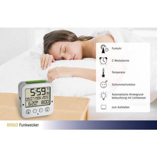 Rádiójel vezérlésű ébresztőóra, ezüst, TFA 60.2528.54