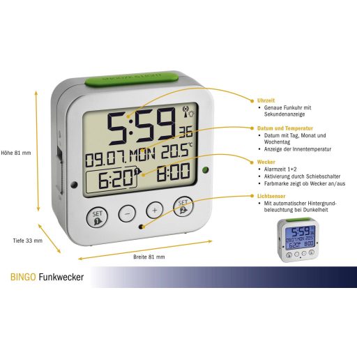 Rádiójel vezérlésű ébresztőóra, ezüst, TFA 60.2528.54
