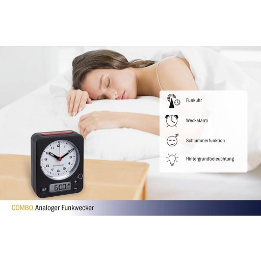 TFA Dostmann 60.1511.01 Rádiójel vezérlésű Ébresztőóra Fekete Fluoreszkáló Mutató