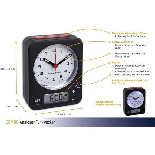 TFA Dostmann 60.1511.01 Rádiójel vezérlésű Ébresztőóra Fekete Fluoreszkáló Mutató