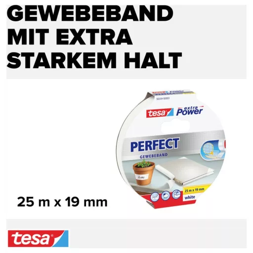 tesa PERFECT 56339-00003-01 Szövet ragasztószalag tesa® extra Power Fehér (H x Sz) 25 m x 19 mm 1 db