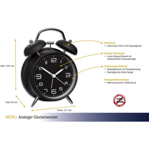 Kvarc analóg ébresztőóra, fekete, TFA 60.1025