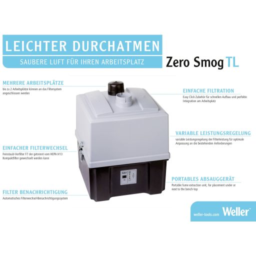 Forrasztási füstelszívó 230 V 120 W 190 m³/óra, Weller Zero Smog TL Kit 1 FN91015699N