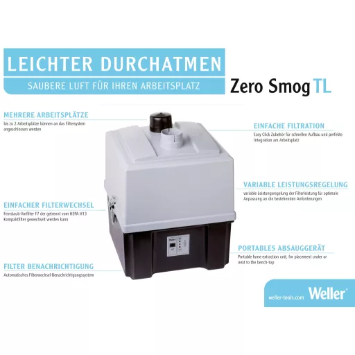 Forrasztási füstelszívó 230 V 120 W 190 m³/óra, Weller Zero Smog TL Kit 1 FN91015699N