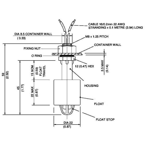 Úszókapcsoló 250 V/AC 1 A 1 záró/1 nyitó, TE Connectivity Sensor VCS-08 IP65