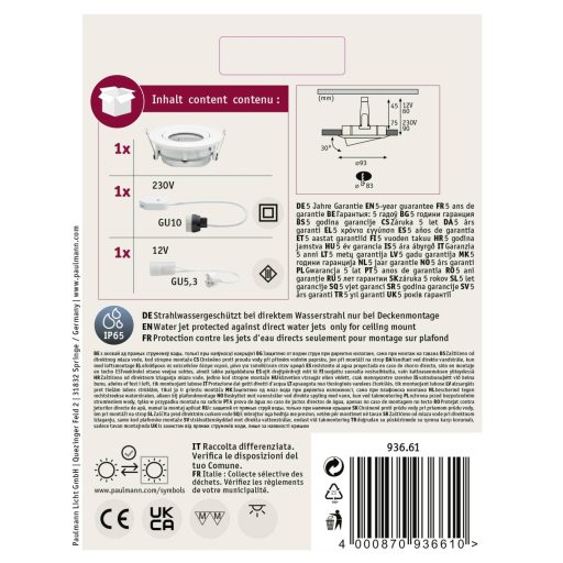 Paulmann Nova Fürdőszobai beépíthető lámpa Halogén GU10, GU5.3 35 W IP65 Fehér (matt)