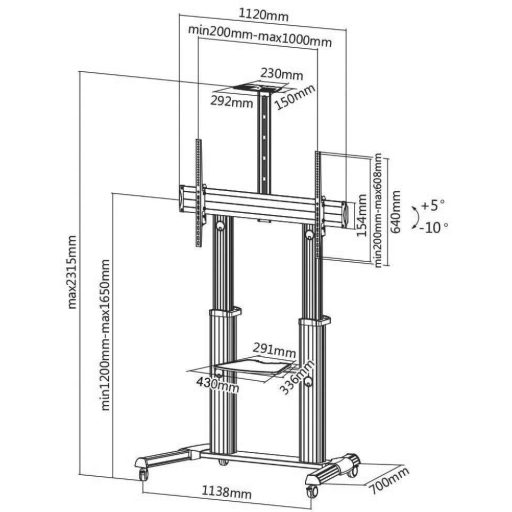 My Wall HP 102 L TV kocsi Állítható magasságú, Billenthető 152,4 cm (60) - 254,0 cm (100) Állítható magasságú, Dönthető, Padlóállvány