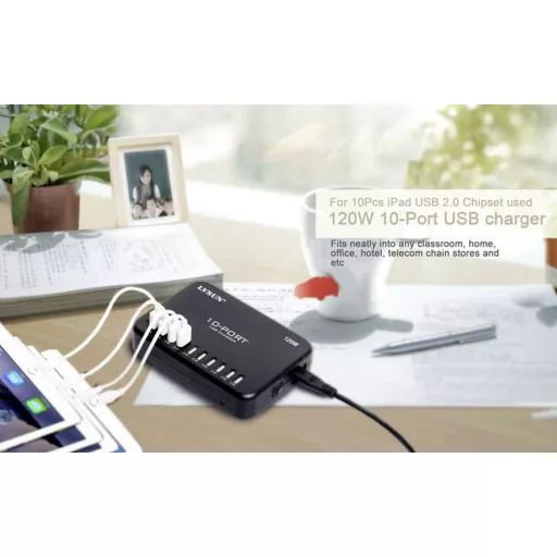 LVSUN 120W Smart 10-Port USB-s töltőállomás 120 W 10x USB-A Fekete Beltér