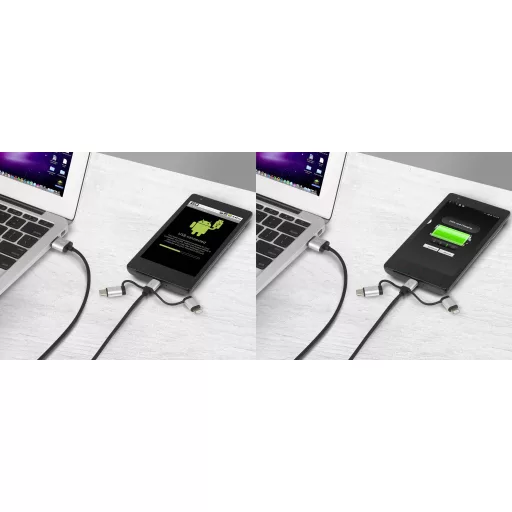 Renkforce USB kábel USB 2.0 USB-A dugó, USB-C® dugó, USB mikro B dugó, Apple Lightning dugó 3.00 m Sötétszürke Gesleeved RF-3334578