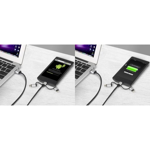 Renkforce USB kábel USB 2.0 USB-A dugó, USB-C® dugó, USB mikro B dugó, Apple Lightning dugó 0.25 m Sötétszürke Gesleeved RF-3335106