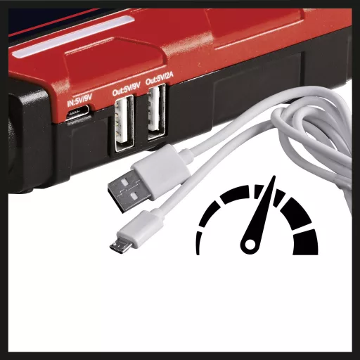 Einhell Gyorsindító rendszer CE-JS 8 1091511 Indulási segédáram=200 A 2 db USB-s dugalj, Start üzemmód járműakku nélkül is, Töltési állapot kijelzés