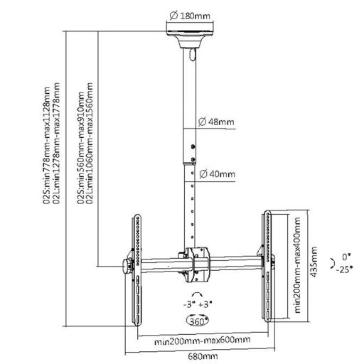 My Wall HD3L TV mennyezeti tartó Kihúzható 94,0 cm (37) - 177,8 cm (70) Dönthető + forgatható, Forgatható