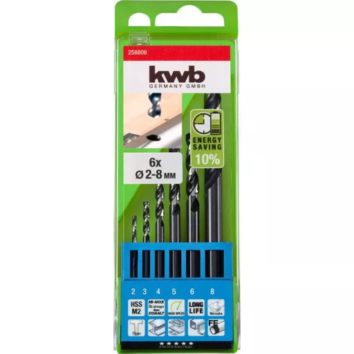 kwb 258806 HSS Fém spirálfúró készlet 6 részes 2 mm, 3 mm, 4 mm, 5 mm, 6 mm, 8 mm M2 DIN 338 Hengeres befogószár 1 db