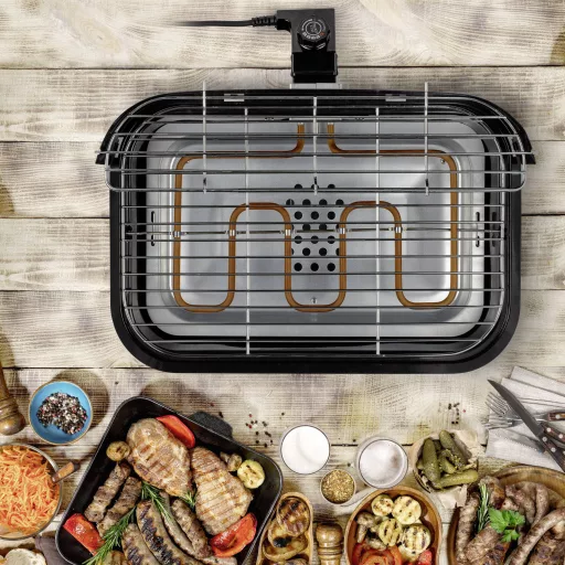 Princess 01.112252.01.001 Grillsütő Elektromos, Faszenes Szélvédővel, Talppal, Manuális hőmérséklet beállítással Fekete