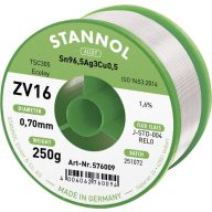   Stannol ZV16 Forrasztóón, ólommentes Ólommentes Sn96,5Ag3Cu0,5 REL0 250 g 0.7 mm