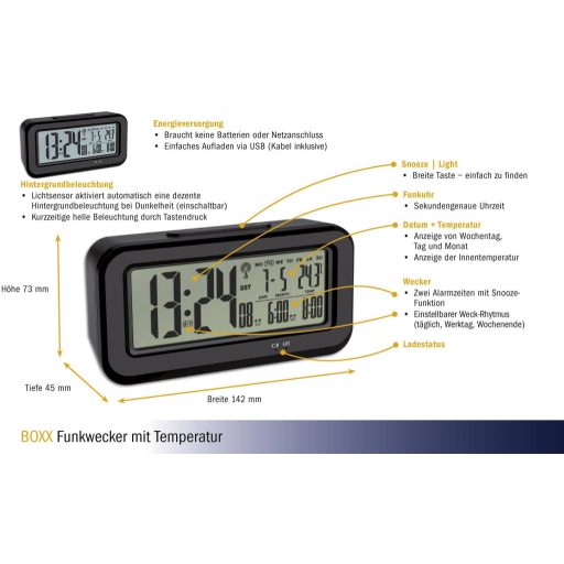 TFA Dostmann 60.2554.01 Rádiójel vezérlésű Ébresztőóra Fekete Riasztási idők 2 Nagy kijelző