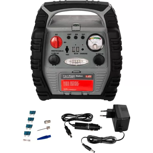 HP Autozubehör Gyorsindító rendszer 7 in1 Power Pack 900A 20717 Indulási segédáram=400 A 2 db 12 V-os kimenet, Töltési állapot kijelzés, Fém fogók,