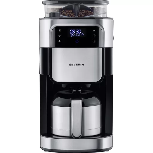 Severin Filterkaffeemaschine mit Mahlwerk und Edelstahl-Thermokanne, Kávéfőző Fekete, Nemesacél (matt) Kapacitás, csésze=8 Kijelző, Hőszigetelt kiöntő,