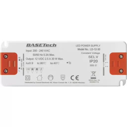 LED transzformátor 30 W 2,5 A 12 VDC, Basetech LD-12-30