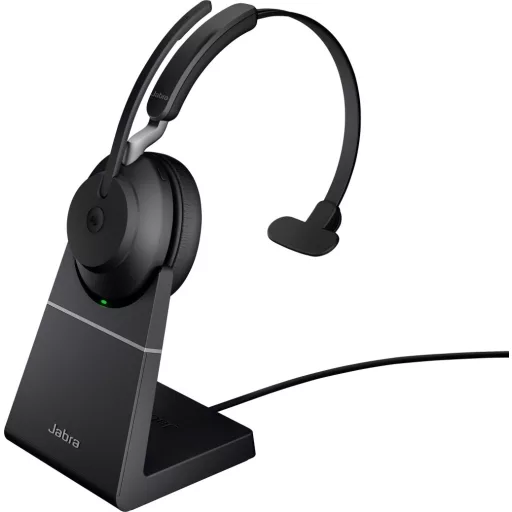 Jabra Evolve2 65 monaural On Ear headset Bluetooth® Stereo Fekete Hangerő szabályozás, Elemtöltés kijelzés, Mikrofon némítás Telefon