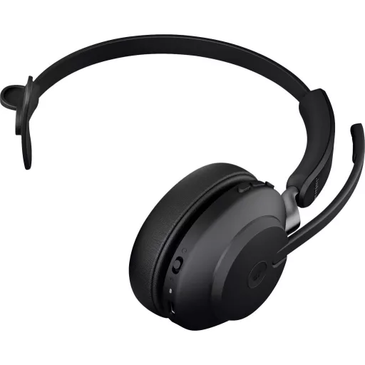 Jabra Evolve2 65 monaural On Ear headset Bluetooth® Stereo Fekete Hangerő szabályozás, Elemtöltés kijelzés, Mikrofon némítás Telefon