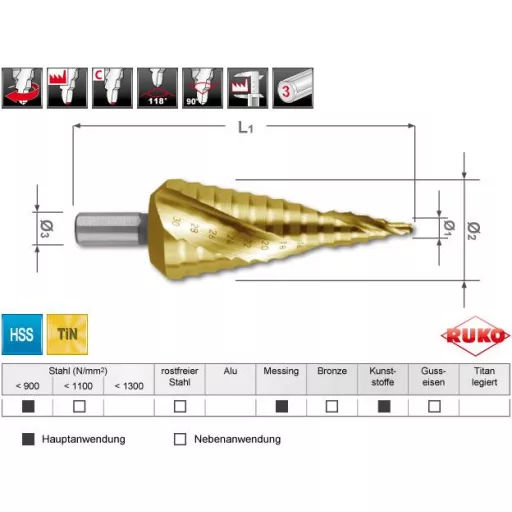 RUKO 101052T HSS Fokozatfúró Teljes hossz 100 mm TiN 1 db