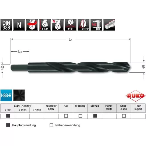 RUKO 200240 HSS-R Spirálfúró 24 mm Teljes hossz 205 mm DIN 338 1 db