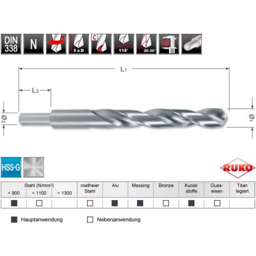 RUKO 2004155 HSS-G Spirálfúró 15.5 mm Teljes hossz 178 mm DIN 338 1 db