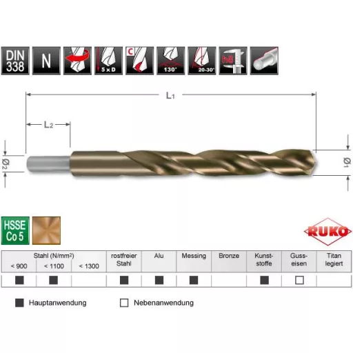 RUKO 2005160 HSSE-Co 5 Spirálfúró 16 mm Teljes hossz 178 mm DIN 338 1 db