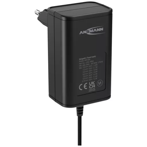 Ansmann 1201-0022 Dugasztápegység, beállítható 12 V/DC, 9 V/DC, 7.5 V/DC, 6 V, 4.5 V/DC, 3 V 600 mA 7.20 W