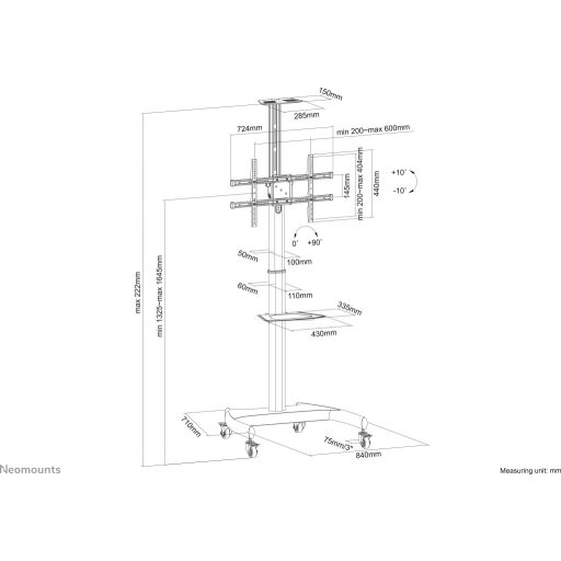 Neomounts PLASMA-M1900E TV kocsi Állítható magasságú 94,0 cm (37) - 177,8 cm (70) Forgatható, Dönthető