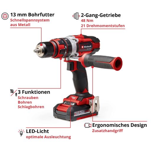 Einhell Power X-Change TE-CD 18/48 Li-i (2x2,0Ah) 2 sebességfokozat-Akkus ütvefúró-csavarozó Töltővel, 2. akkuval